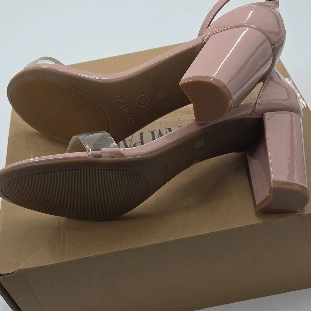 Pink Ankle Strap Block Heels With Clear Toe Strap Size 10